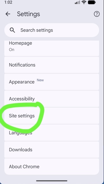Site settings in Chrome settings