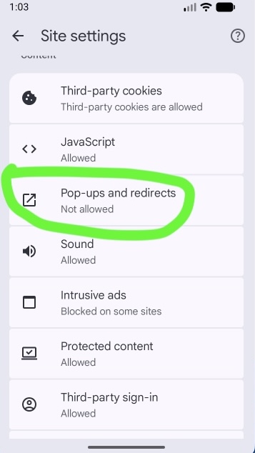 Pop-ups and redirects in site settings