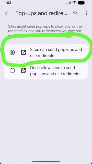 Allow sites to send pop-ups option