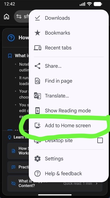 Add to Home screen option in the Chrome menu