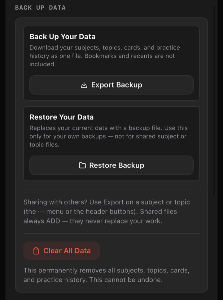 Back Up Data screen with Export Backup and Restore Backup buttons