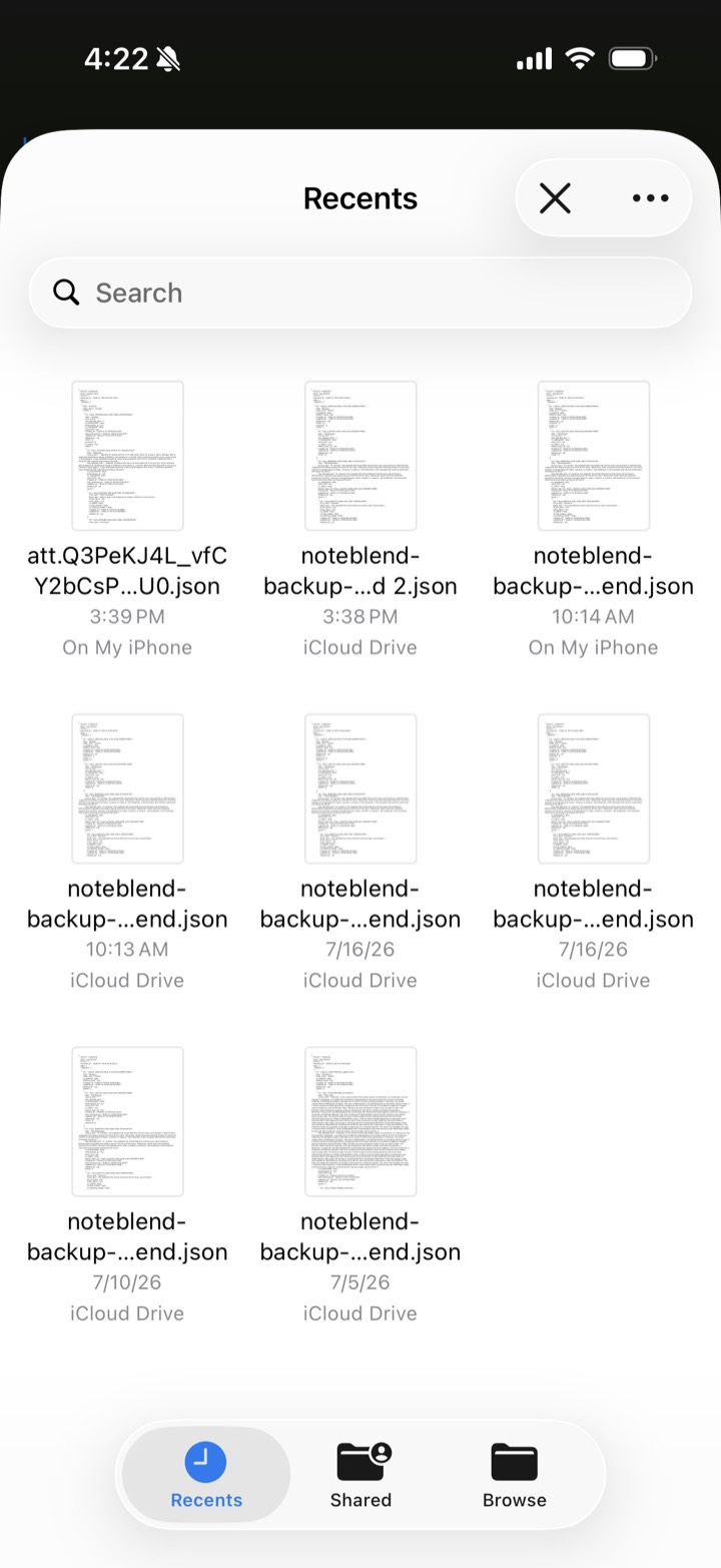 File picker showing saved NoteBlend files
