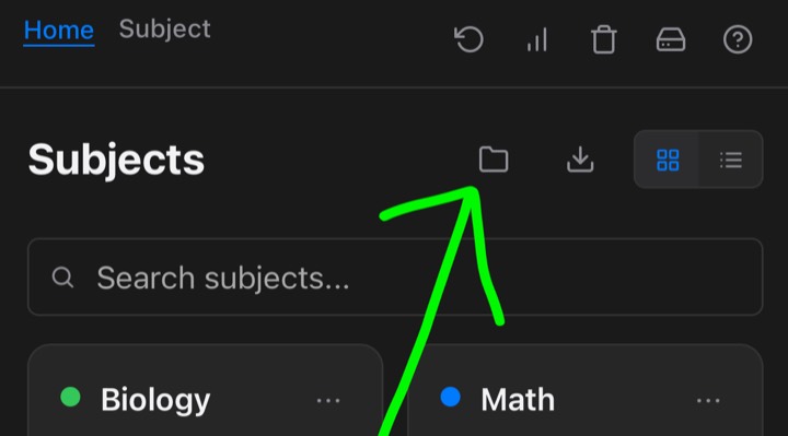 Folder import icon at the top of the Home page