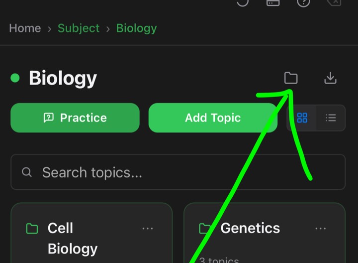 Folder import icon at the top of a subject's topics page