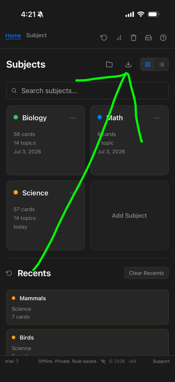 Arrow-down export icon on the Subjects page