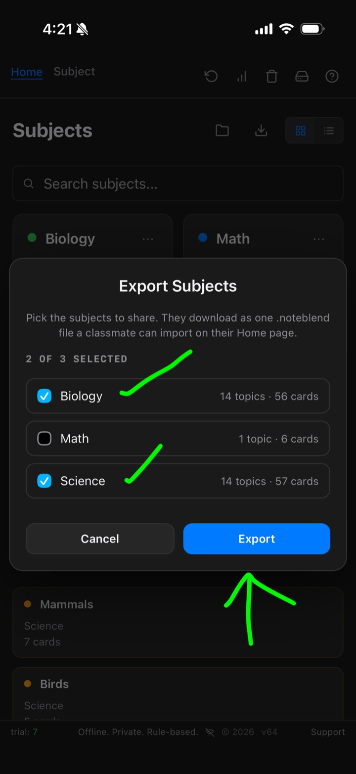 Export Subjects popup with subject checkboxes
