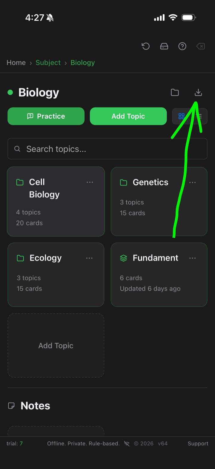 Arrow-down export icon on the topics page of a subject