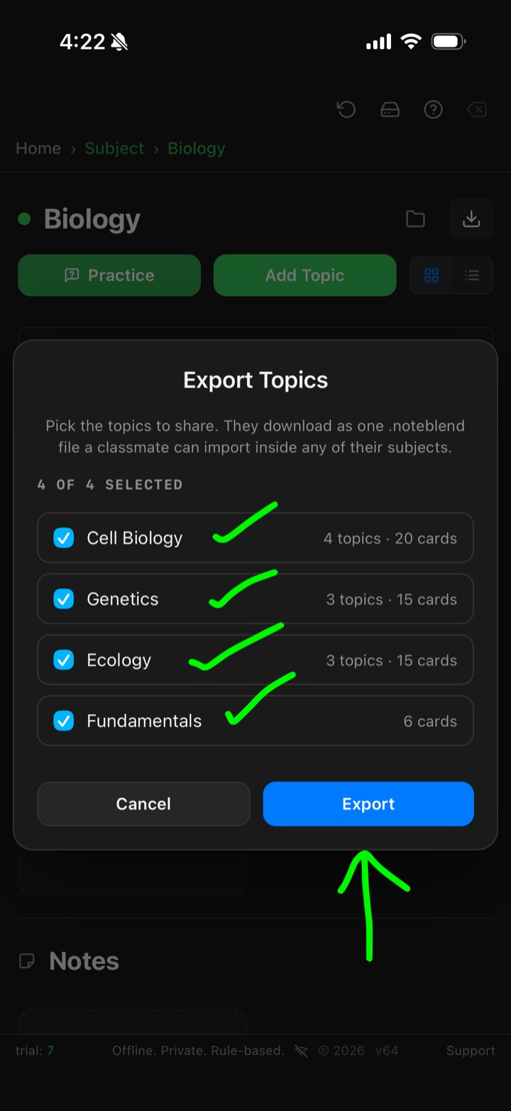 Export Topics popup with topic checkboxes