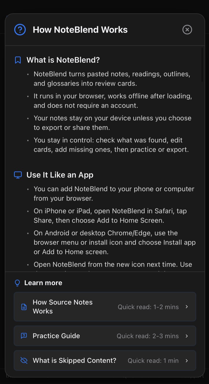 NoteBlend first-launch guide with the help icon at the upper-right corner