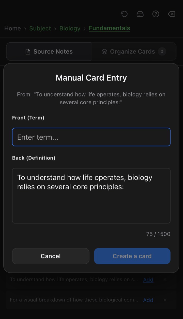 Adding a skipped item as a card manually