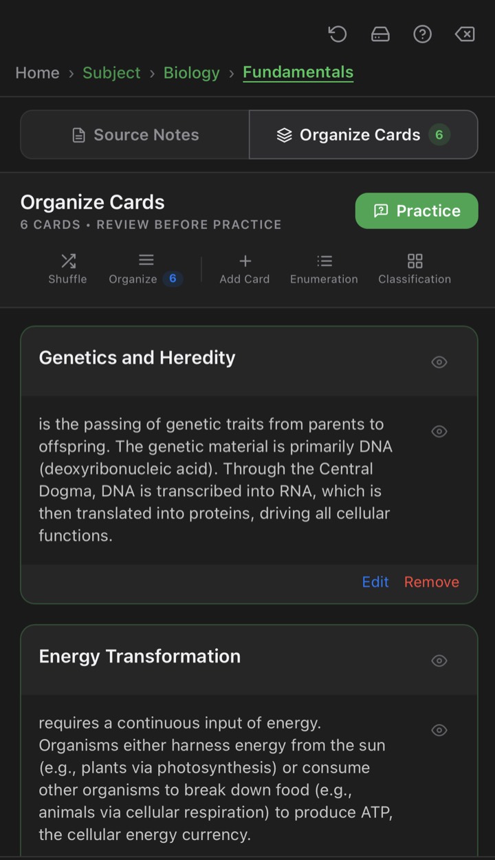 Organize Cards tab listing the blended cards