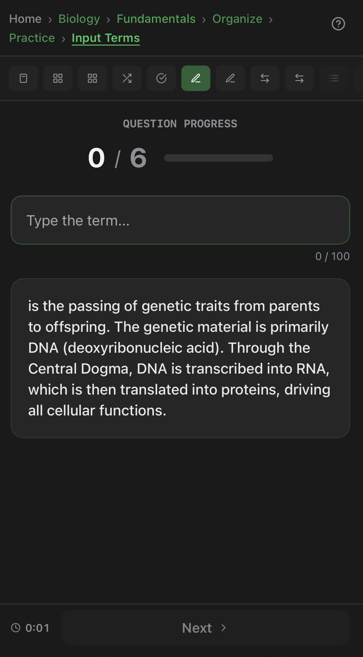 Input Terms practice mode with a text field