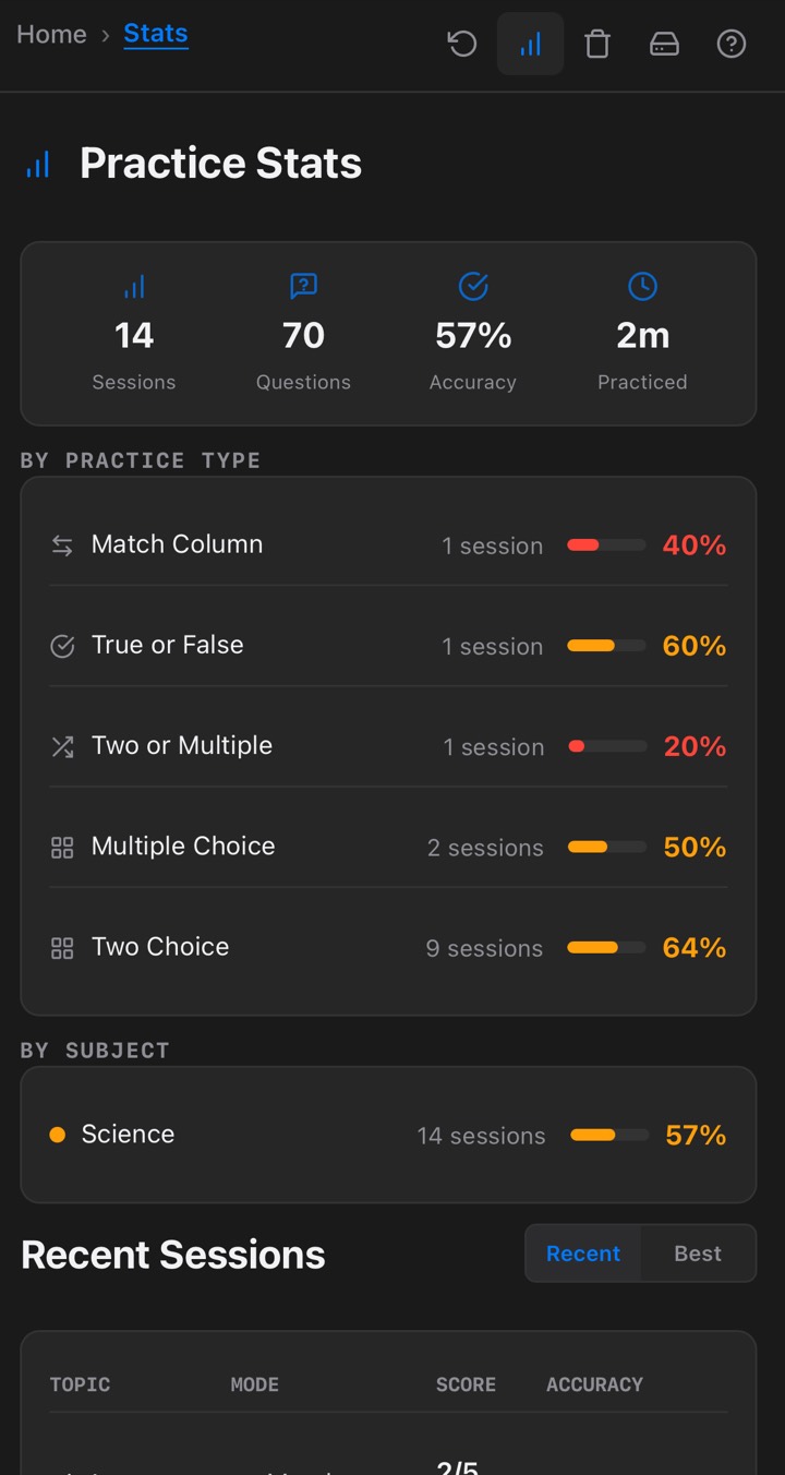 Practice session history list