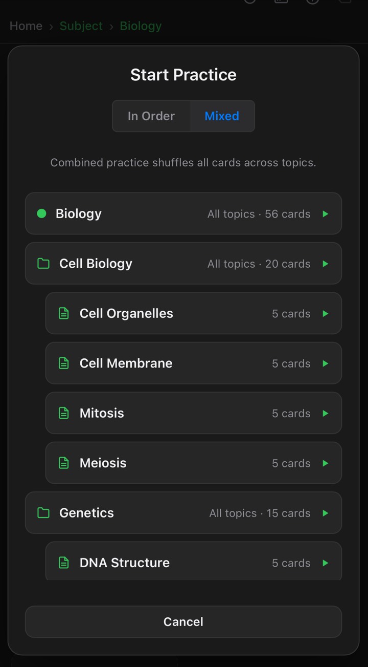 Topic page with the Practice button and mode options