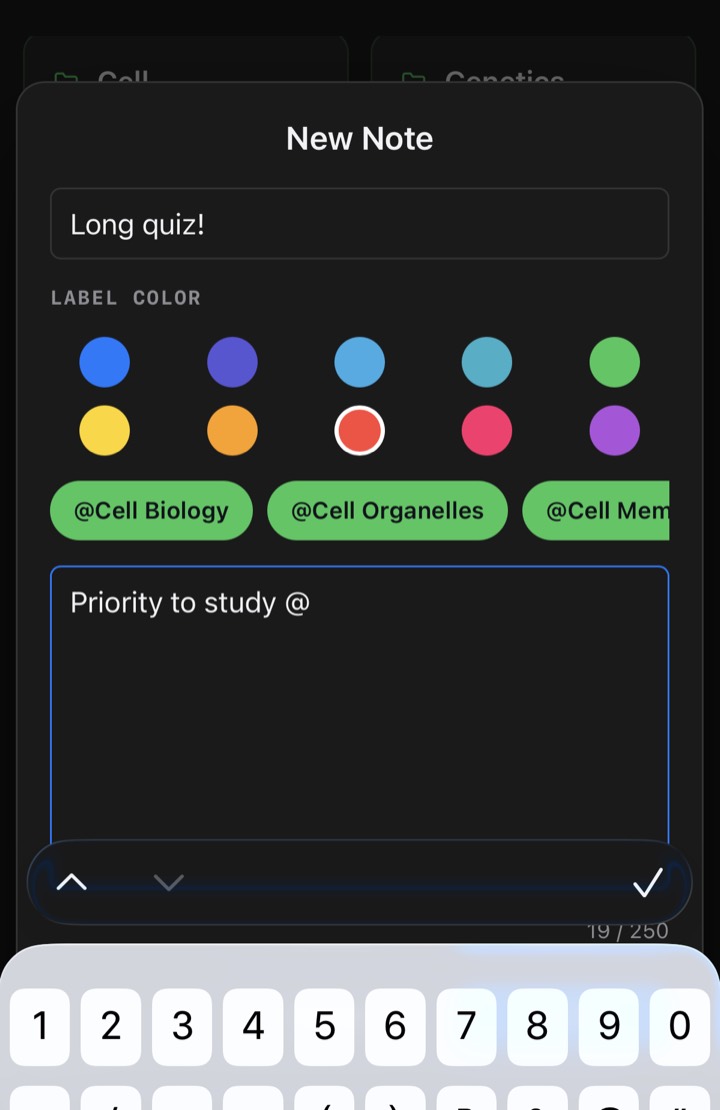 Add Note popup with title, message, and topic mention