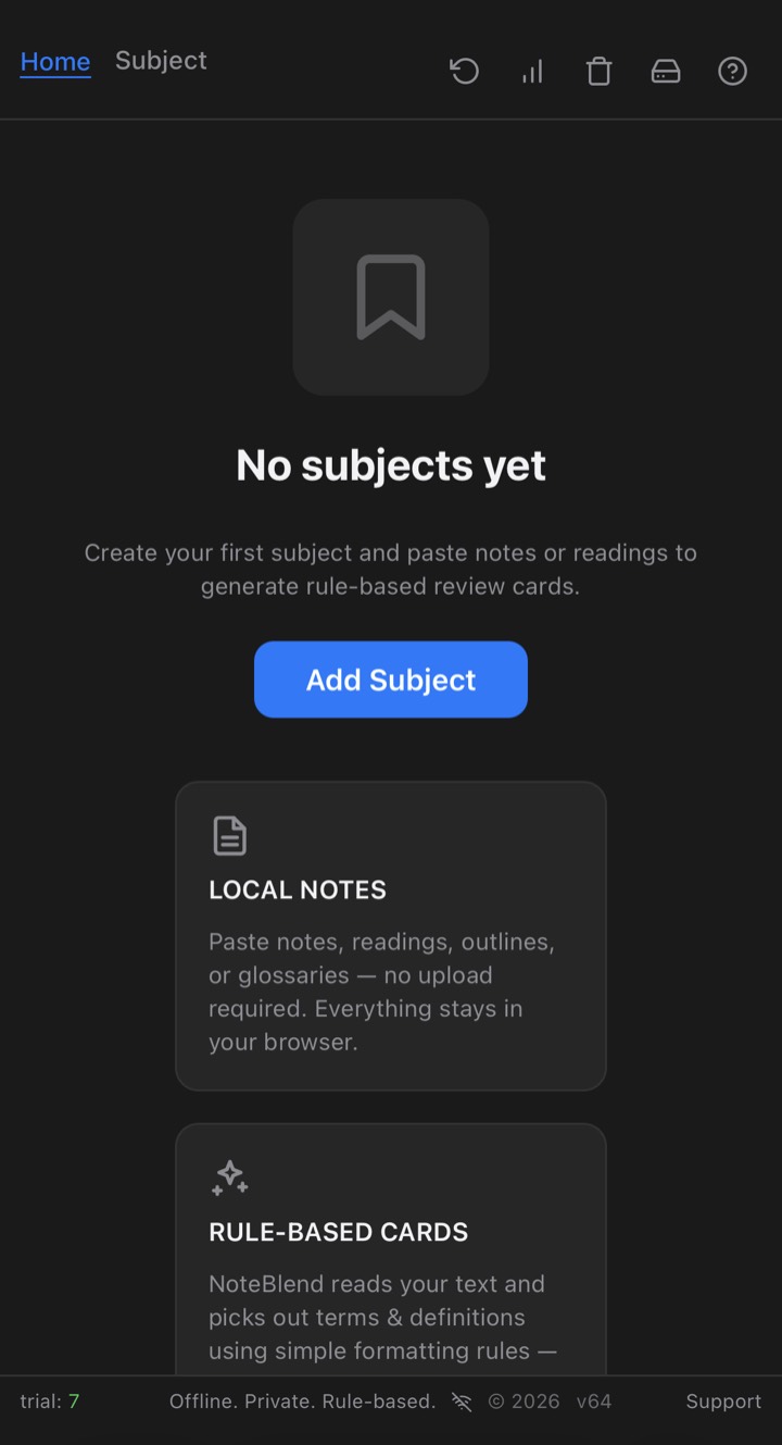 Empty Home page with the Add Subject button