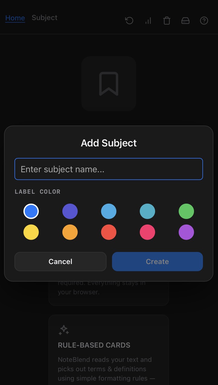 Create Subject popup with name field and label colors