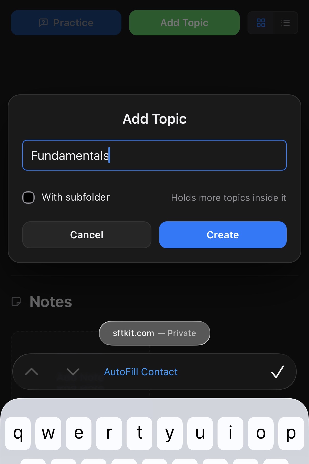 Create Topic popup with name field