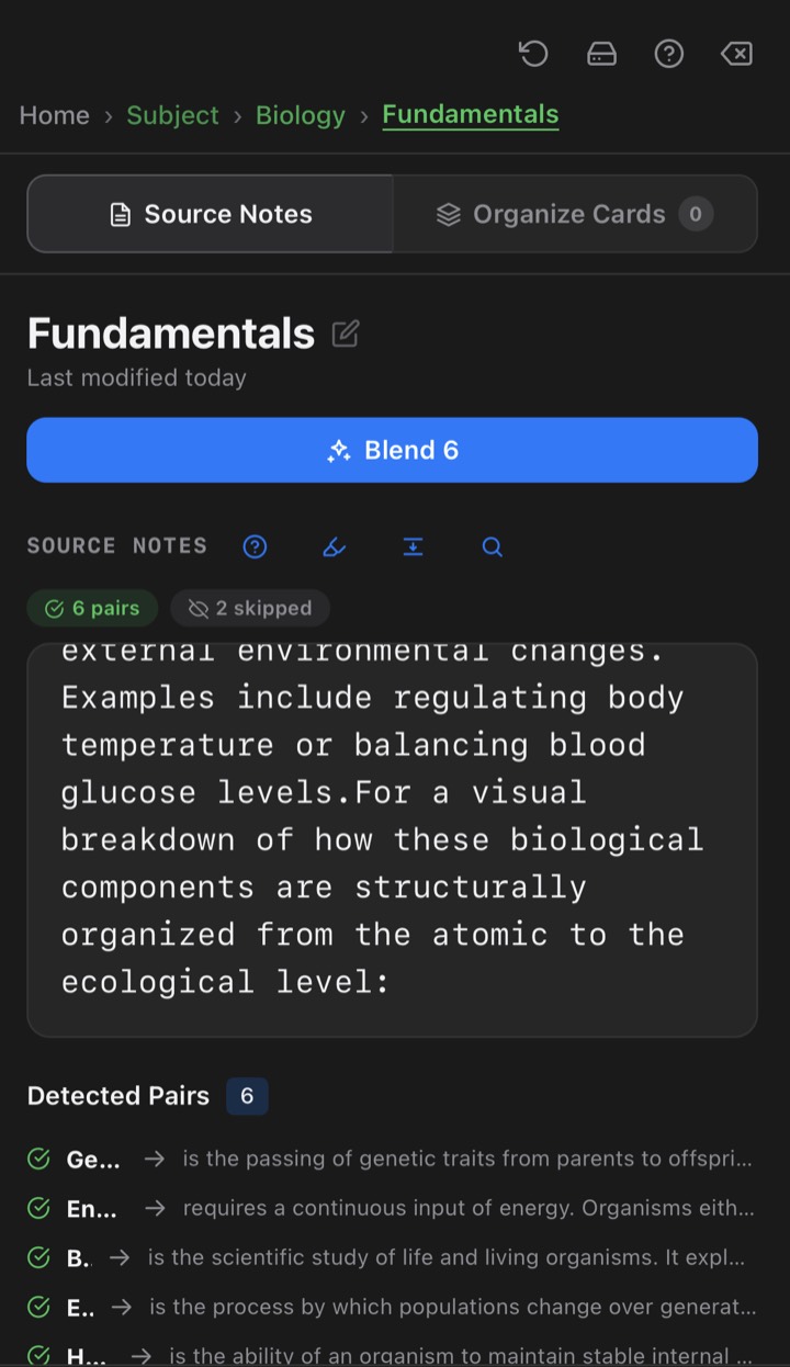 Pasted notes with detected pairs and the Blend button showing 6