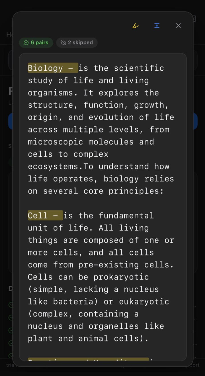 Full-screen notes editor with highlighted terms