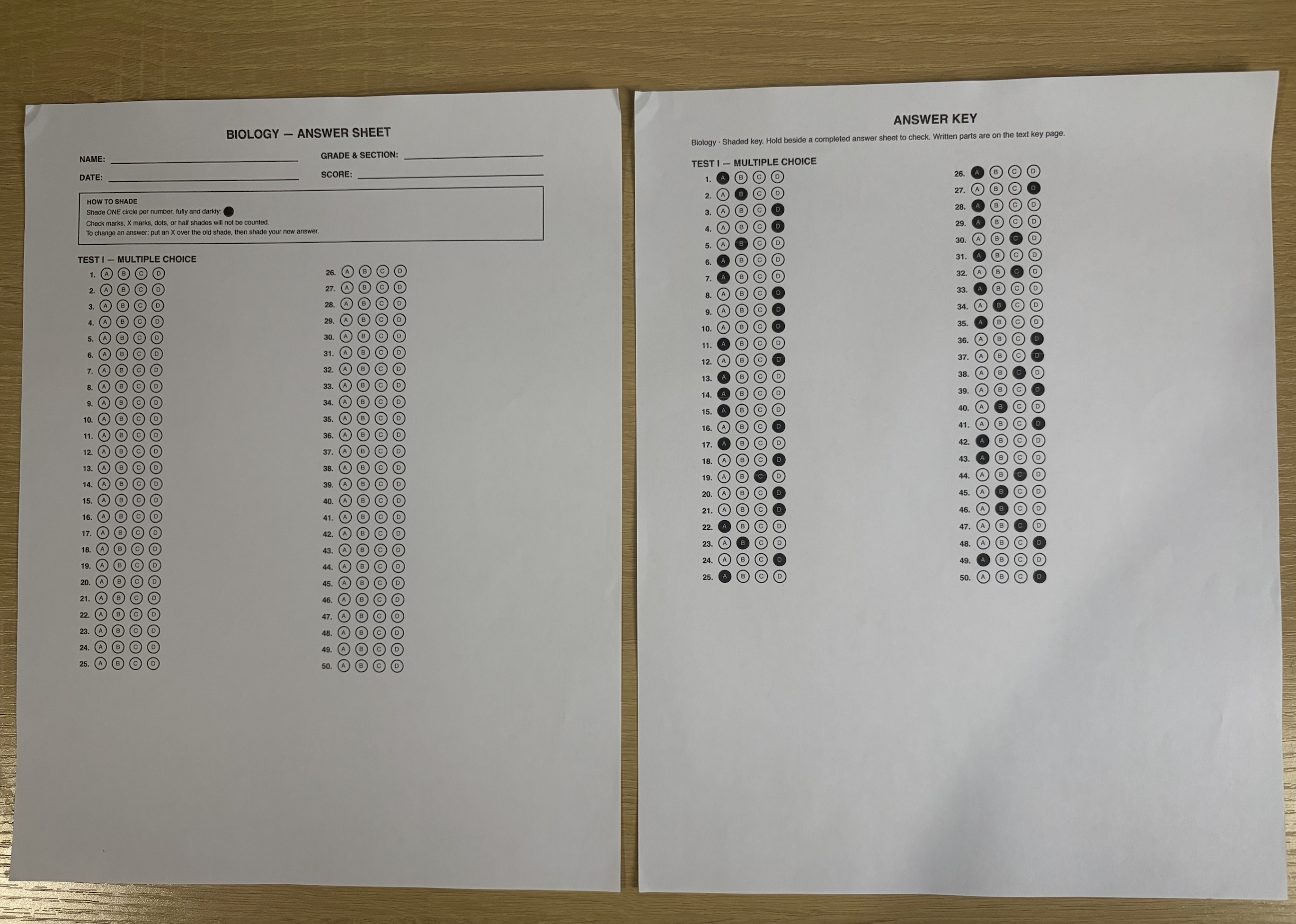 Printed blank answer sheet beside the shaded answer key