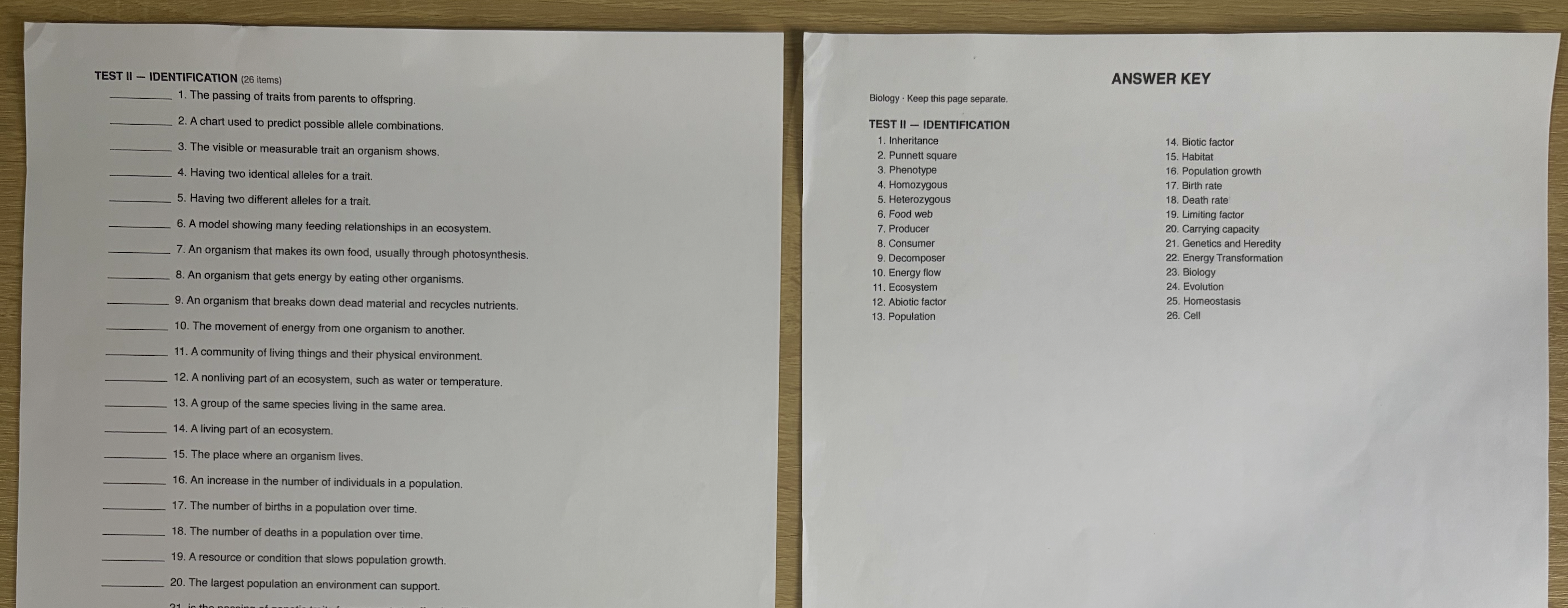 Printed Identification exam page beside its answer key page
