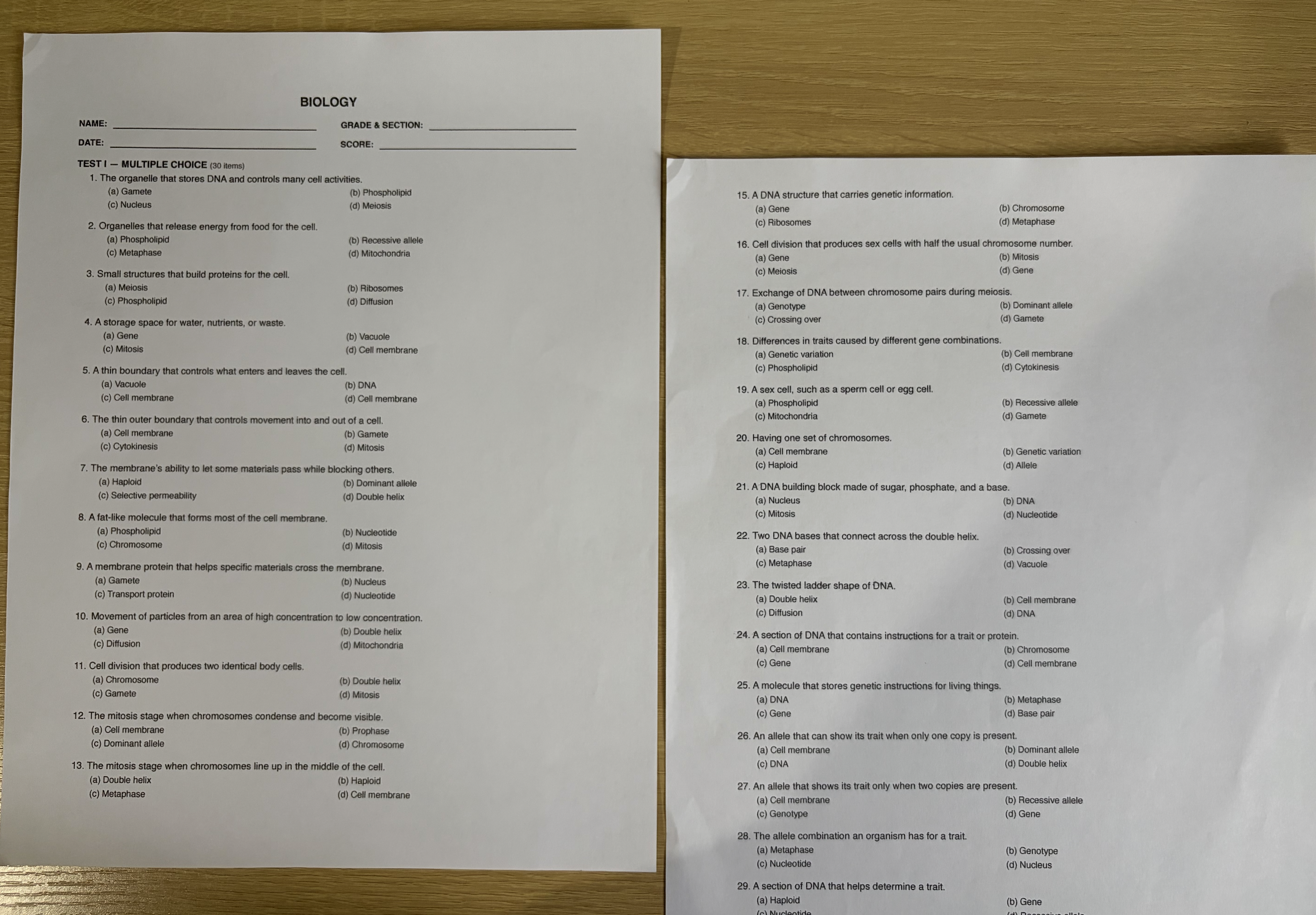 Two printed pages of a Multiple Choice biology exam