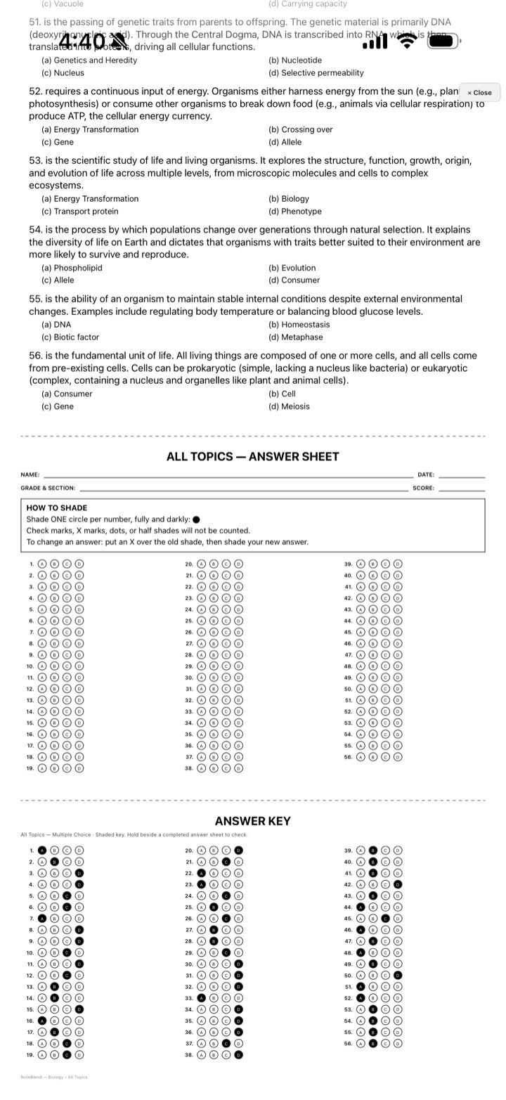 Sample printed answer sheet and answer key