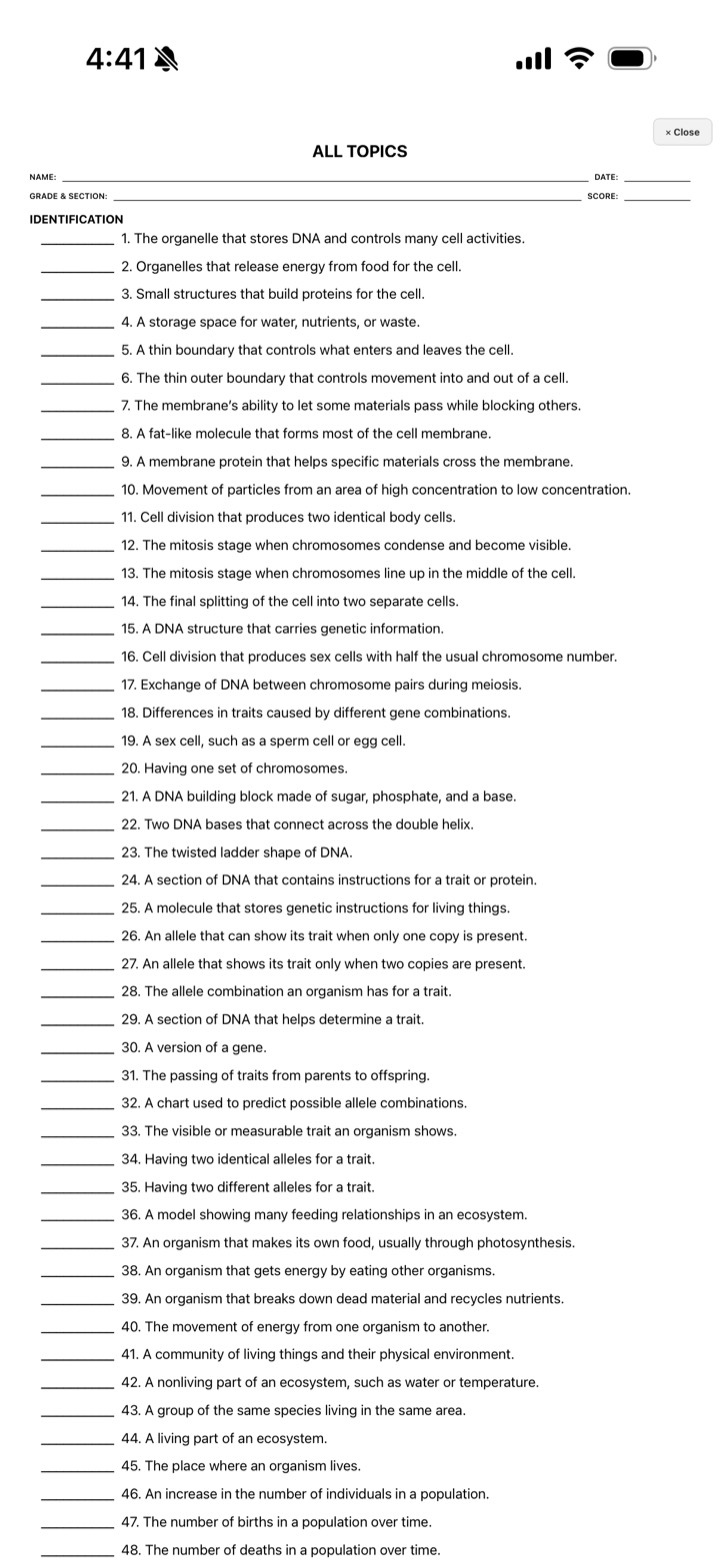 Sample printed Identification exam