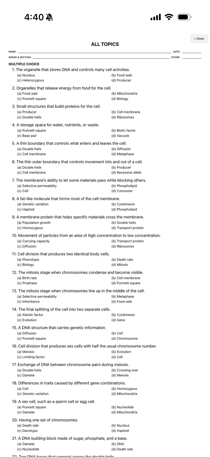 Sample printed Multiple Choice exam