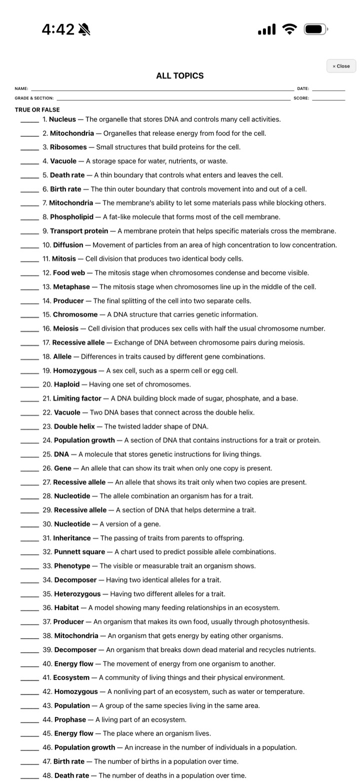 Sample printed True or False exam