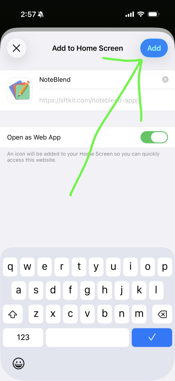 Add button on the Add to Home Screen page